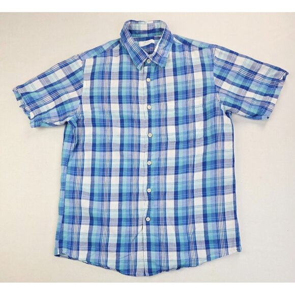 Uniqlo Size Medium Mens Blue White Check Short Sleeve Linen Cotton Blend Shirt - Picture 5 of 9